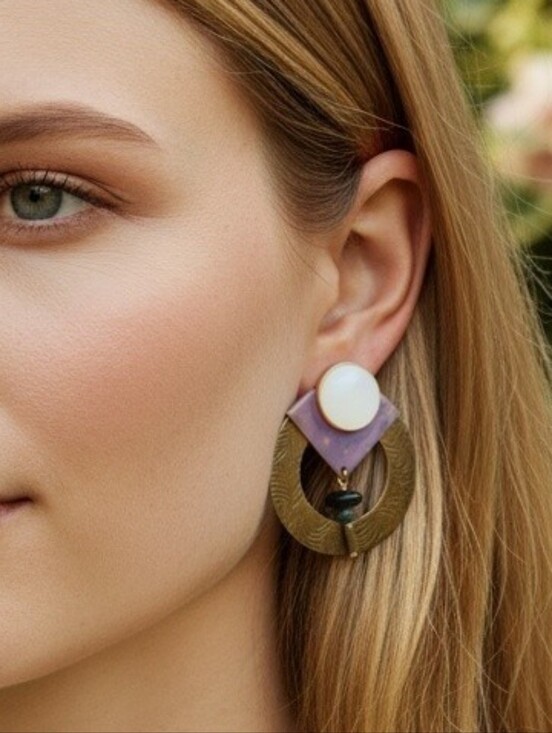 Jewelry - Vintagr Lavender and Gold Statement Abstract Earrings - Women Jewelry